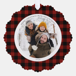 Modernes frohe Weihnachten Rotes Buffalo Karo Foto Ornament Karte
