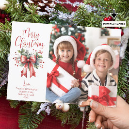 Modernes frohes Weihnachtsskript Holly Bow Foto Feiertagskarte