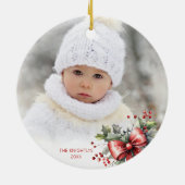 Modernes frohes Weihnachtsskript Holly Bow Foto Keramik Ornament (Hinten)