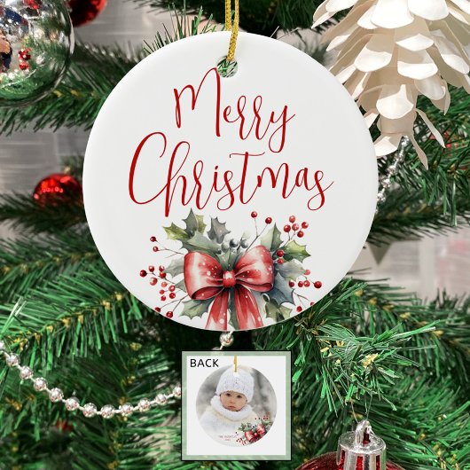 Modernes frohes Weihnachtsskript Holly Bow Foto Keramik Ornament