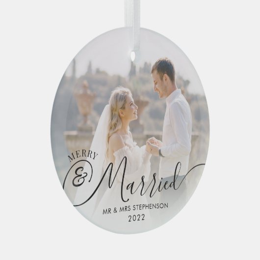 Modernes, fröhliches Verheiratetes Foto Schwarz-we Ornament Aus Glas (Vorderseite Rechts)