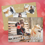Modernes, fröhliches Weihnachts-Multiple-Foto Feiertagskarte<br><div class="desc">Frohe Weihnachten in einem weißen Drehbuch und Ihre Namen in schicker Schrift betonen Ihr Lieblings-Foto der Familie auf der Vorderseite und 3 andere Fotos auf der Rückseite. Wählen Sie Matte für schwerstes Papier und High Definition für beste Foto-Qualität.</div>