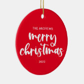 Modernes, fröhliches Weihnachts-Rot-Script-Back-Fo Keramik Ornament (Rechts)