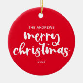 Modernes, fröhliches Weihnachts-Rot-Script-Back-Fo Keramik Ornament (Vorne)