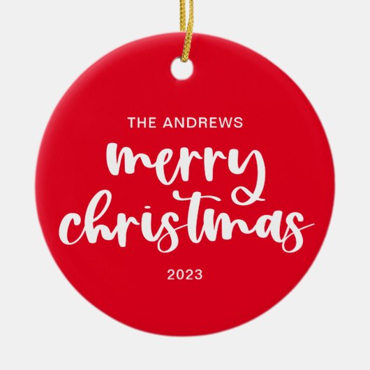 Modernes, fröhliches Weihnachts-Rot-Script-Back-Fo Keramik Ornament (Vorne)