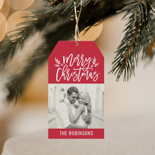 Modernes, fröhliches Weihnachts-Rotes Script-Foto Geschenkanhänger