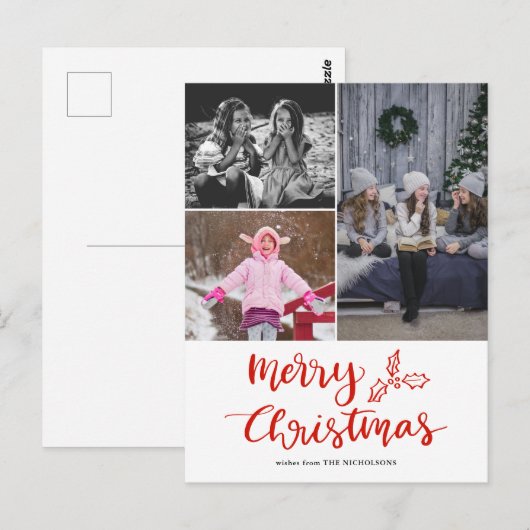Modernes, fröhliches Weihnachts-Script-Collage-Fot Postkarte (Vorne/Hinten)