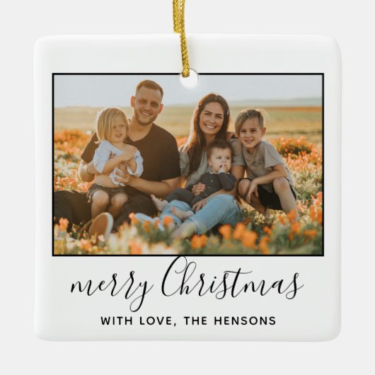 Modernes, fröhliches Weihnachts-Script-Foto Keramikornament (Vorderseite)