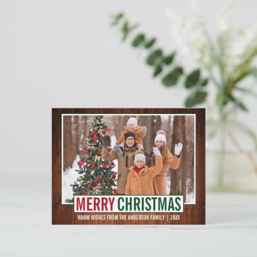Modernes, fröhliches Weihnachtsbaumfamilien-Foto Postkarte (Stehend Vorderseite)