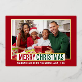 Modernes fröhliches Weihnachtsfamilien Foto Red Go Folien Feiertagskarte