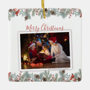 Modernes fröhliches Weihnachtsfamilien Foto Rustik Keramikornament