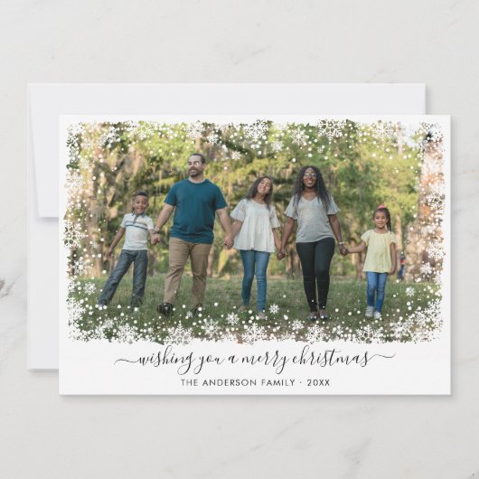 Modernes fröhliches Weihnachtsschneeflocken-Script Feiertagskarte (Vorderseite)