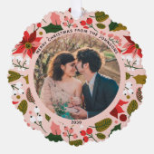 Modernes frostiges Weihnachts-Rosa Blumenmuster-Fo Ornament Karte (Vorderseite)