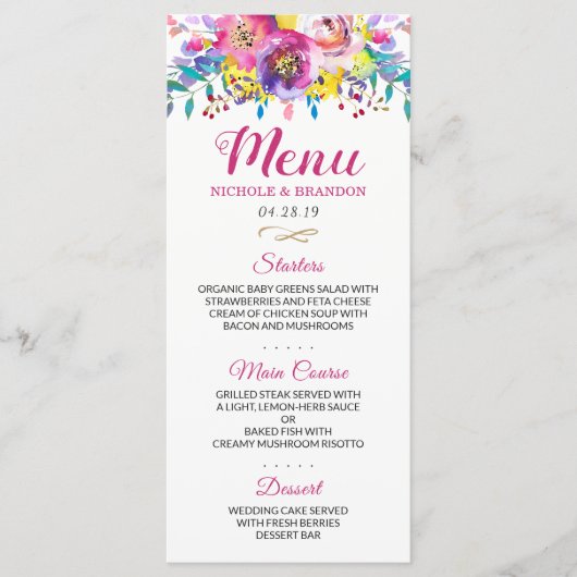 Modernes Fuchsia Gold Floral Wedding Menu für Wass Menükarte (Vorderseite)