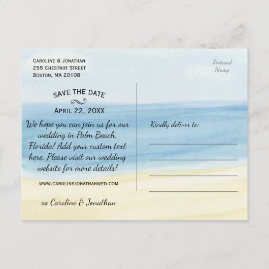 Modernes Fun Beach Foto Hochzeit retten das Datum Ankündigungspostkarte (Rückseite)