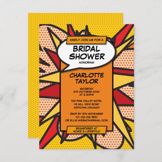 Modernes Fun Brautparty Comic Book Einladungspostkarte (Vorne/Hinten)