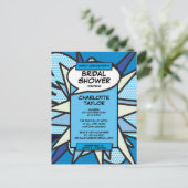 Modernes Fun Brautparty Comic Buch Blau Einladungspostkarte (Stehend Vorderseite)