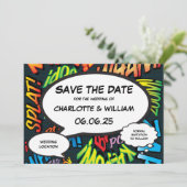 Modernes Fun Comic Book Wedding Foto Save The Date (Stehend Vorderseite)