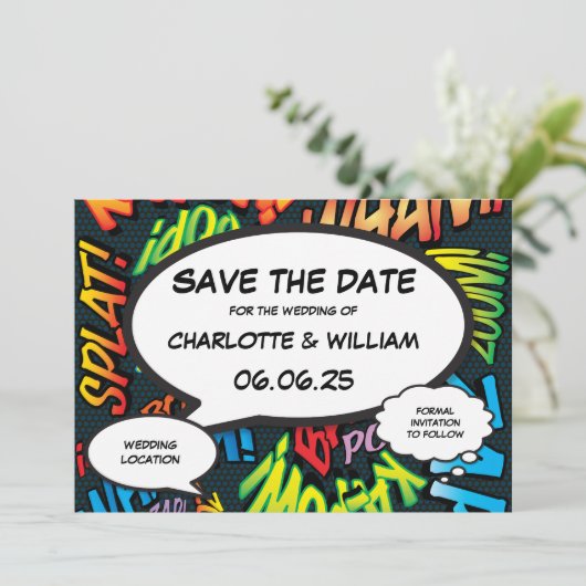 Modernes Fun Comic Book Wedding Foto Save The Date (Stehend Vorderseite)