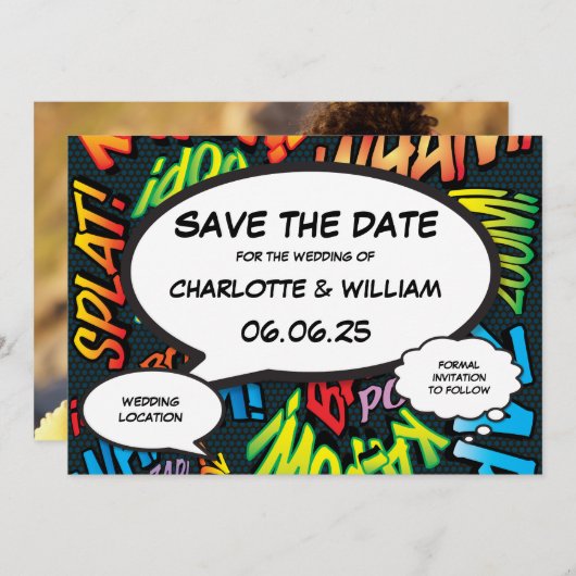 Modernes Fun Comic Book Wedding Foto Save The Date (Vorne/Hinten)