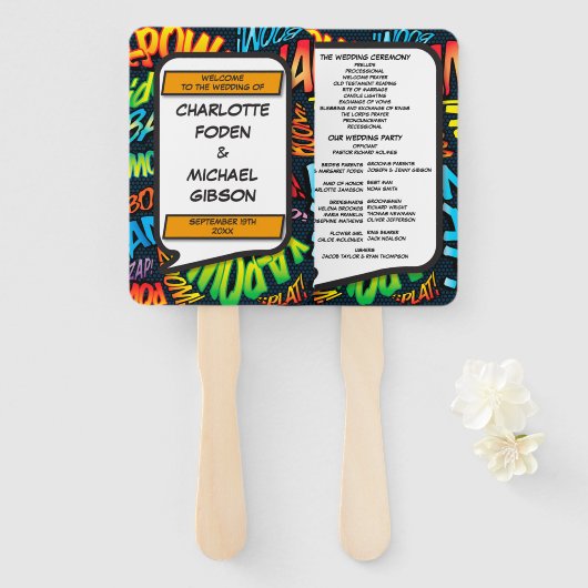 Modernes Fun Comic Book Wedding Programm Fächer (Vorne und Hinten)