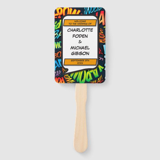 Modernes Fun Comic Book Wedding Programm Fächer (Vorderseite)