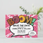 Modernes Fun Comic BOOM Rosa Liebe Herz Save The Date (Stehend Vorderseite)