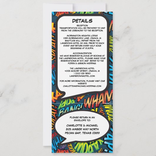 Modernes Fun-Comic-Buch in einer Hochzeit Einladung (Rückseite)