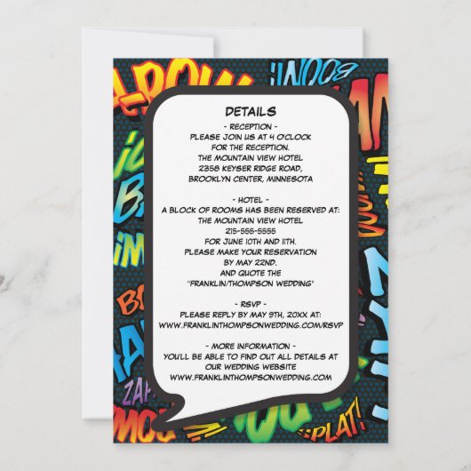 Modernes Fun-Comic-Buch in einer Hochzeit Einladung (Rückseite)