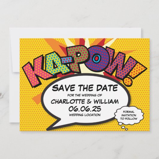 Modernes Fun Comic Buch Kapow Wedding Save the Dat Date (Vorderseite)