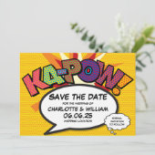 Modernes Fun Comic Buch Kapow Wedding Save the Dat Date (Stehend Vorderseite)