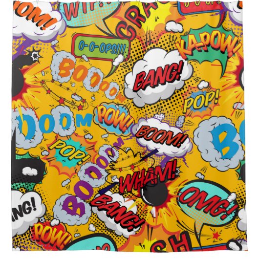 Modernes Fun Comic Buchen Pop Kunst Explosionen Duschvorhang (Vorderseite)