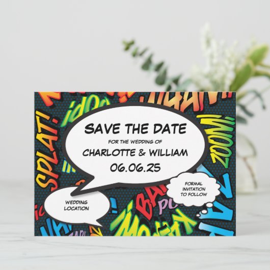 Modernes Fun Comic Hochzeit retten Datum Save The Date (Stehend Vorderseite)