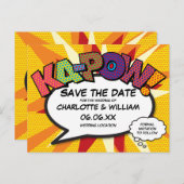 Modernes Fun Comic KA-POW Save the Date buchen Postkarte (Vorne/Hinten)