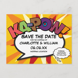 Modernes Fun Comic KA-POW Save the Date buchen Postkarte