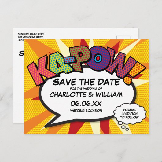 Modernes Fun Comic KA-POW Save the Date buchen Postkarte (Vorne/Hinten)