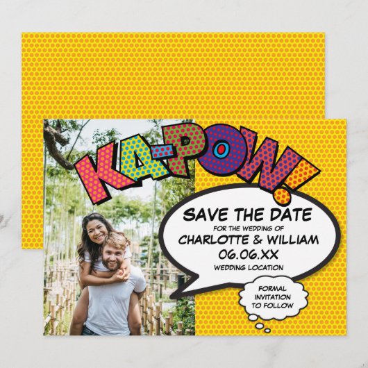 Modernes Fun Comic KAPOW Foto Save The Date (Vorne/Hinten)
