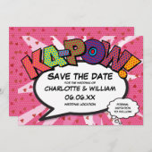 Modernes Fun Comic KAPOW Pink Liebe Herz Save The Date (Vorne/Hinten)
