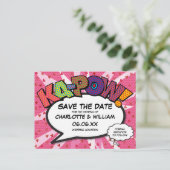 Modernes Fun Comic KAPOW Pink Save the Date buchen Postkarte (Stehend Vorderseite)