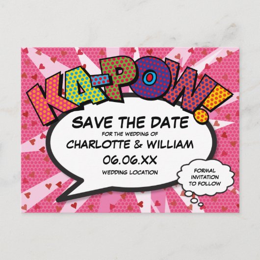 Modernes Fun Comic KAPOW Pink Save the Date buchen Postkarte (Vorderseite)