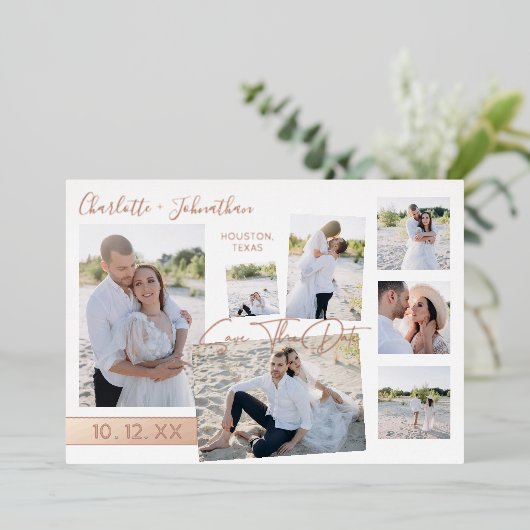 Modernes Fun Multi-Foto Save the Date Bar Folieneinladung (Stehend vorne)