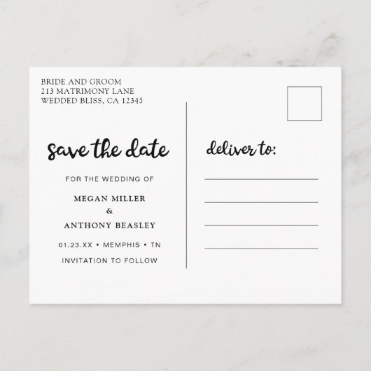 Modernes Fun Script-Foto Save the Date Ankündigungspostkarte (Rückseite)