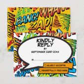 Modernes Fun Typografisches Comic Pop Kunst RSVP Karte (Vorne/Hinten)
