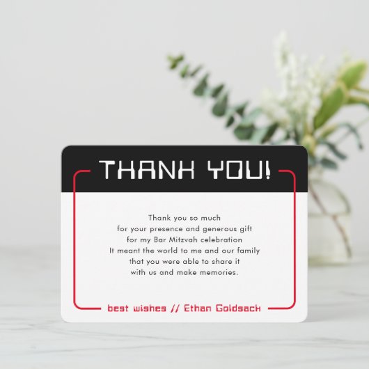 MODERNES GAMING DANKS Bar Mitzvah cool schwarz rot Dankeskarte (Stehend Vorderseite)