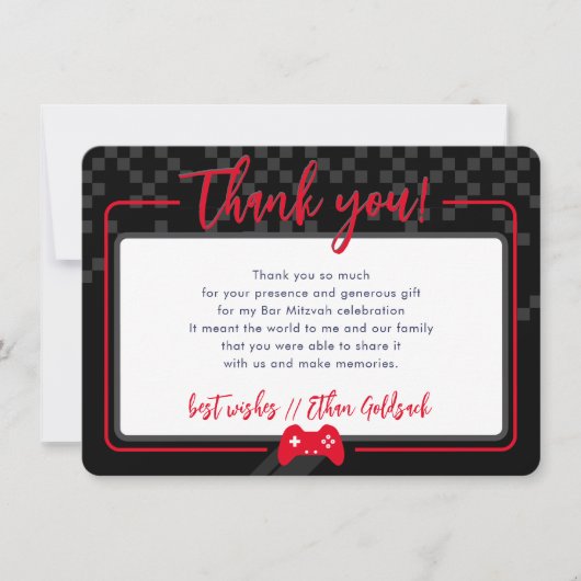 MODERNES GAMING DANKS Bar Mitzvah schwarz rot Dankeskarte (Vorderseite)