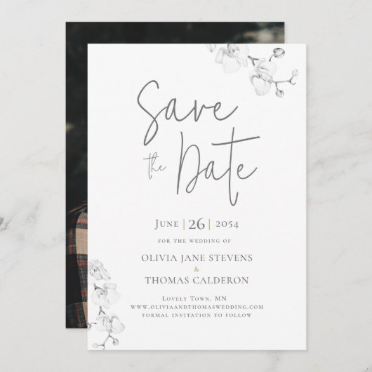 Modernes Gartenorchids Hochzeitssemble - Foto Save Einladung (Vorne/Hinten)