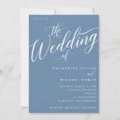 Modernes Geblüht Script, Dusty Blue Wedding Einladung (Vorderseite)