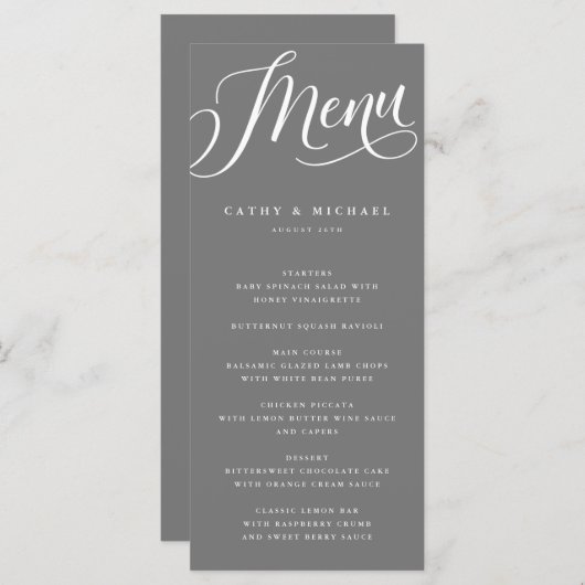 Modernes Geblüht Script, grau Menükarte (Vorne/Hinten)