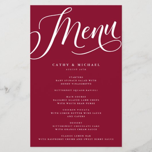 Modernes Geblüht Skript, Burgundy Paper Menu Flyer (Vorne)