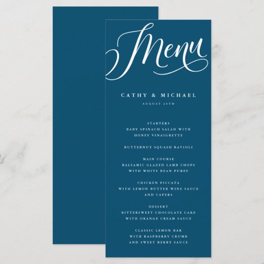 Modernes Geblüht Skript, Dunkelblau Menükarte (Vorne/Hinten)